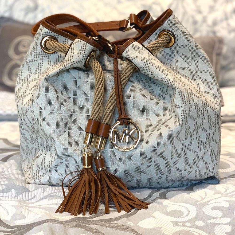 Michael Kors Cream & Brown Logo Drawstring Tote